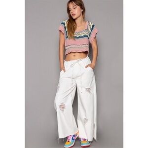 POL Off White Elastic Waist Straight Wide Leg Summer Jeans with Side Slits G2